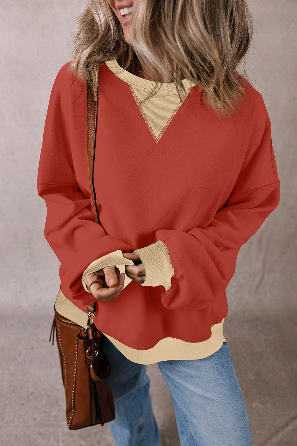 Alena Contrast Round Neck Long Sleeve Sweatshirt - ThingsWeUseAndLove Rust-XL