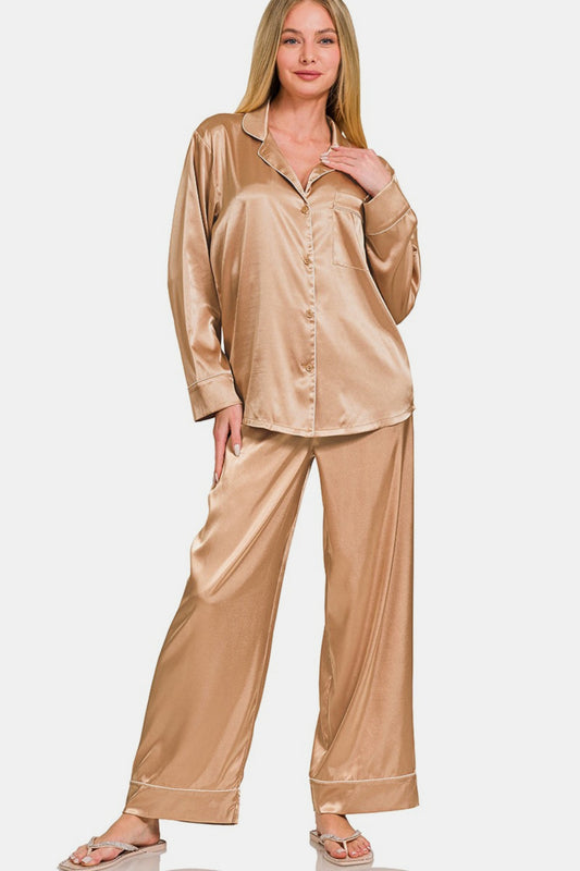 Satin Long Sleeve Shirt and Pants Pajama Set - ThingsWeUseAndLove Brush-XL