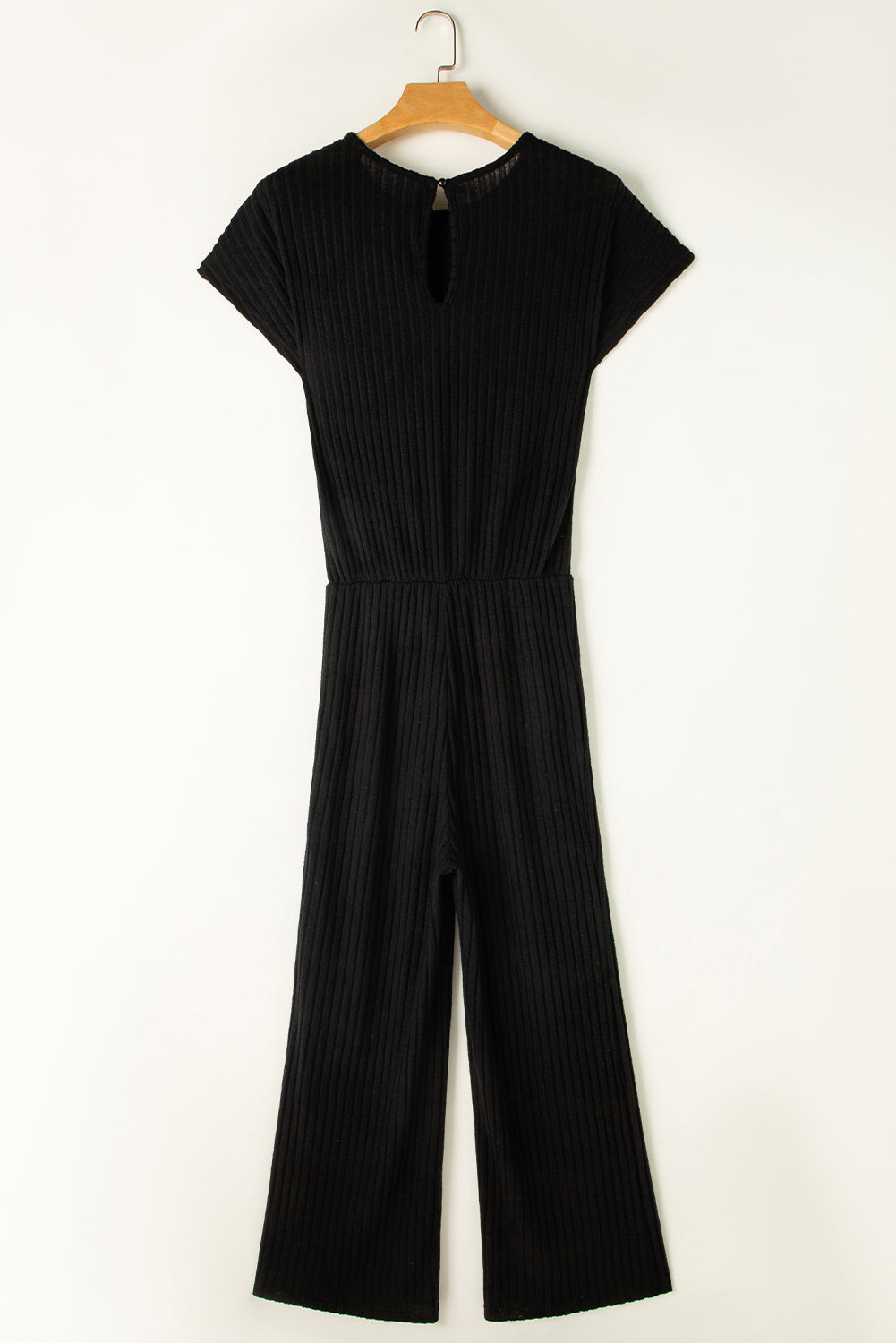 Black Solid Color Ribbed Short Sleeve Wide Leg Jumpsuit - ThingsWeUseAndLove 