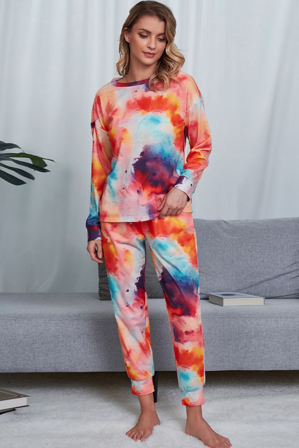 Tie-Dye Crewneck Top and Drawstring Waist Joggers Lounge Set - ThingsWeUseAndLove 