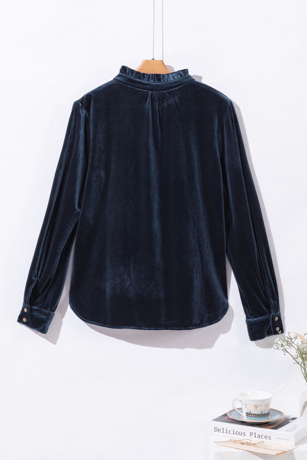 Frilled Neck Buttoned Front Velvet Top - ThingsWeUseAndLove 