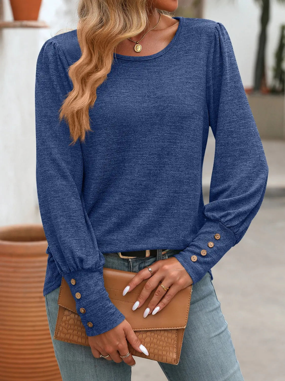 Decorative Button Round Neck Long Sleeve T-Shirt - ThingsWeUseAndLove 