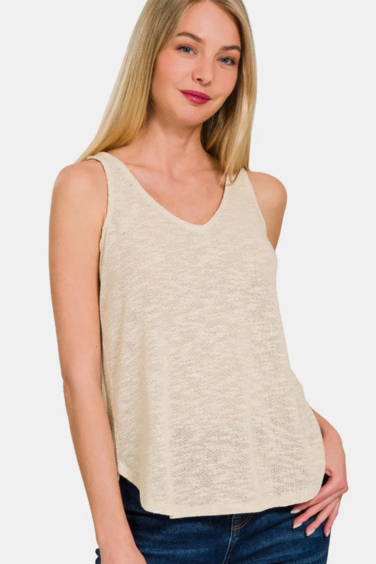 Ashley Sand Beige V-Neck Curved Hem Tank - ThingsWeUseAndLove Sand-Beige-L