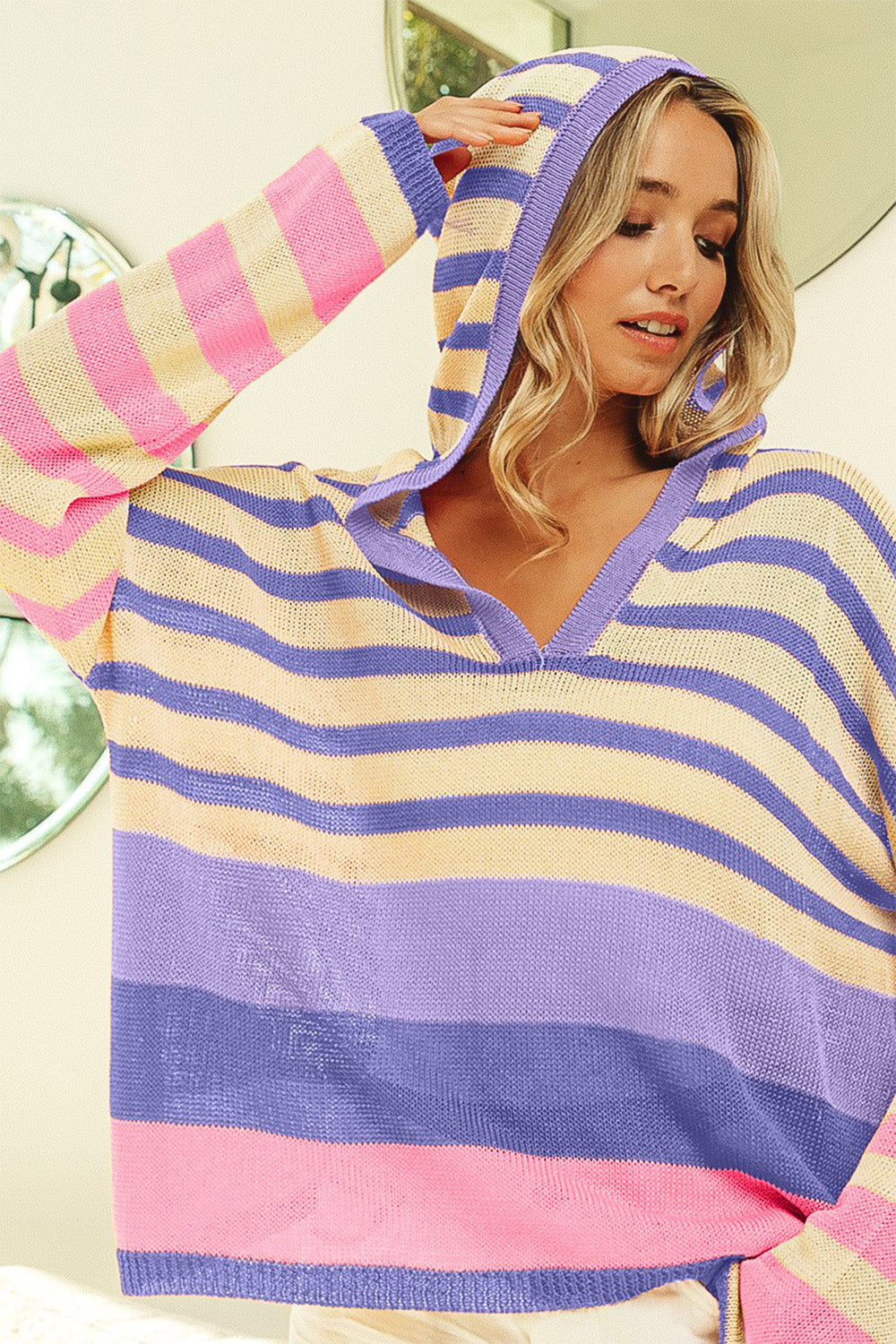 BiBi Striped Color Block  Hooded Knit Top - ThingsWeUseAndLove Stripe-XL