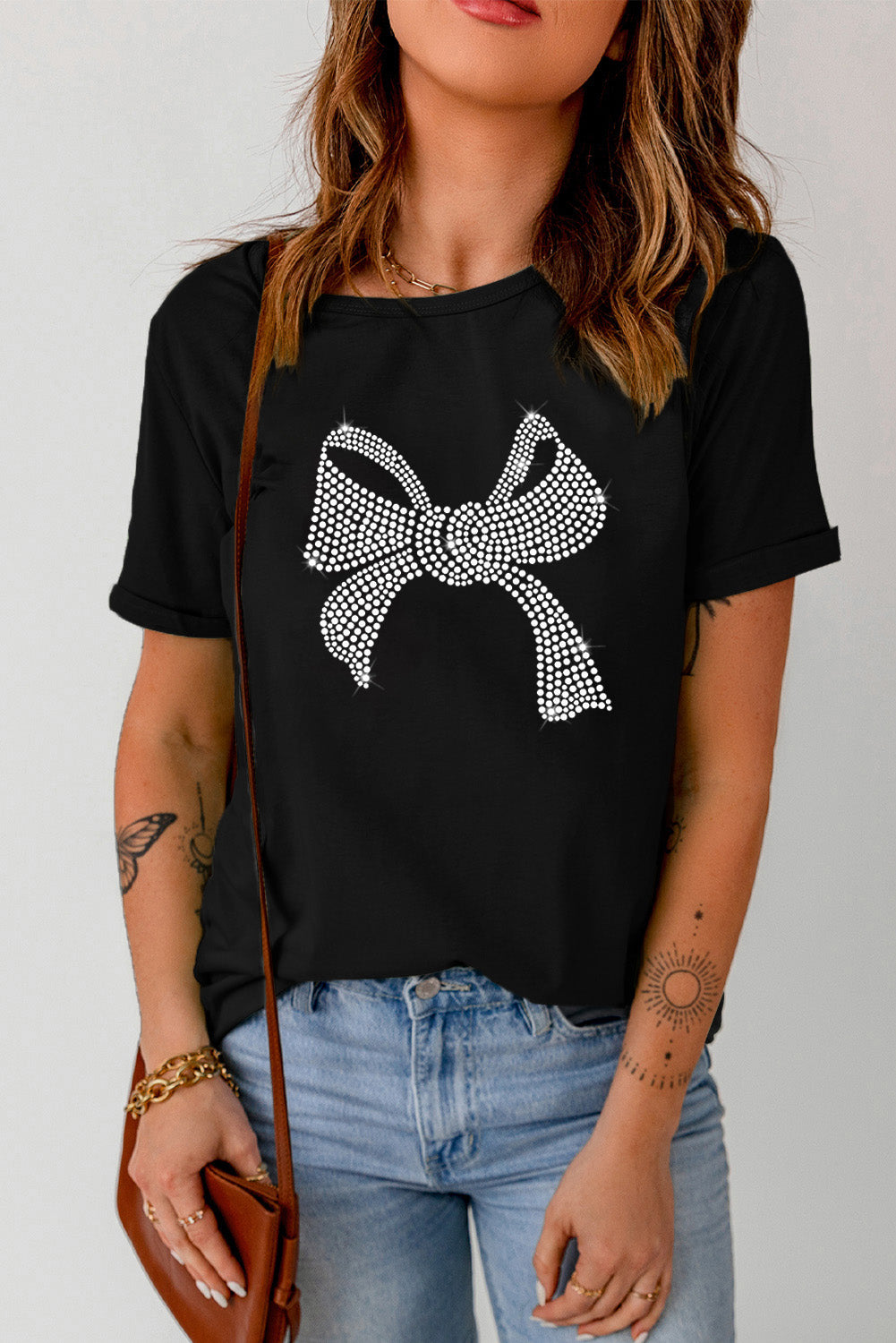 Rhinestone Bow Graphic Round Neck Short Sleeve T-Shirt - ThingsWeUseAndLove Black-XL