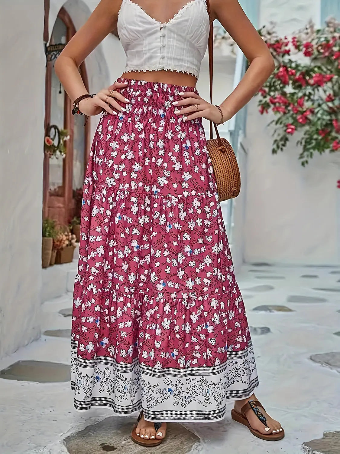 Tiered Printed Elastic Waist Skirt - ThingsWeUseAndLove Cerise-3XL