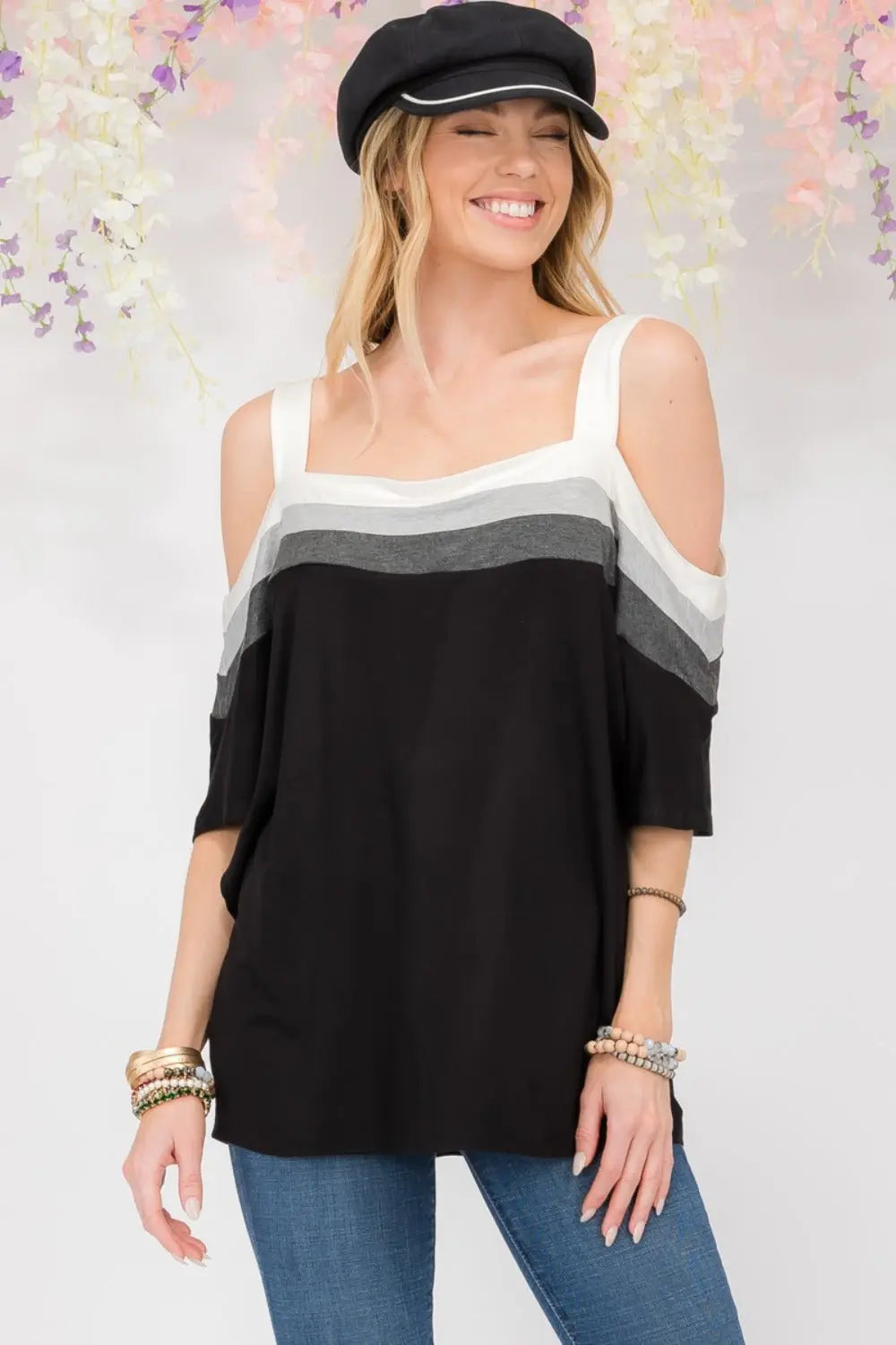 Lux Size-Inclusive Striped Cold Shoulder Top - ThingsWeUseAndLove 