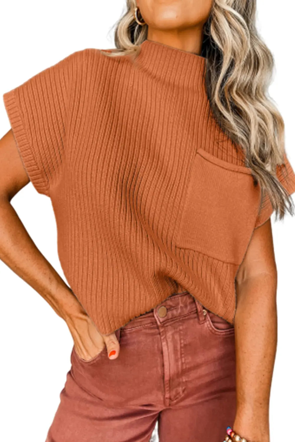 Gold Flame Patch Pocket Ribbed Knit Short Sleeve Sweater - ThingsWeUseAndLove 