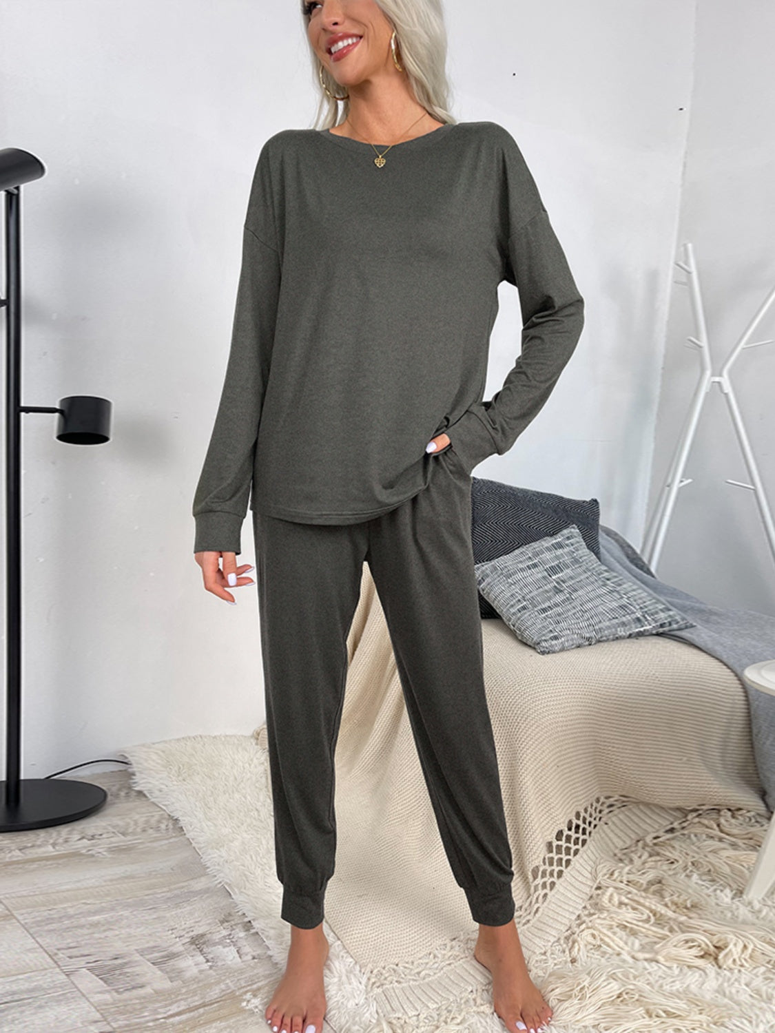 Zya Round Neck Top and Drawstring Pants Lounge Set - ThingsWeUseAndLove 