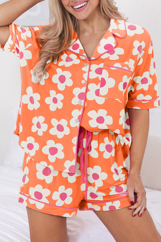 Orange Flower Print Short Sleeve Shirt Pajamas Set - ThingsWeUseAndLove Orange-2XL-95-Polyester-5-Elastane