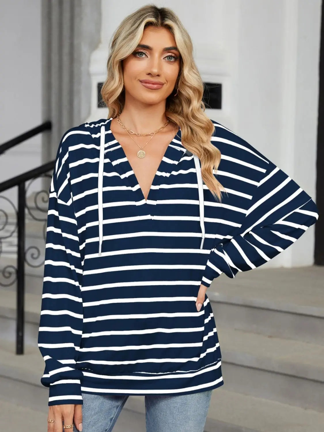 Drawstring Striped Long Sleeve Hoodie - ThingsWeUseAndLove 