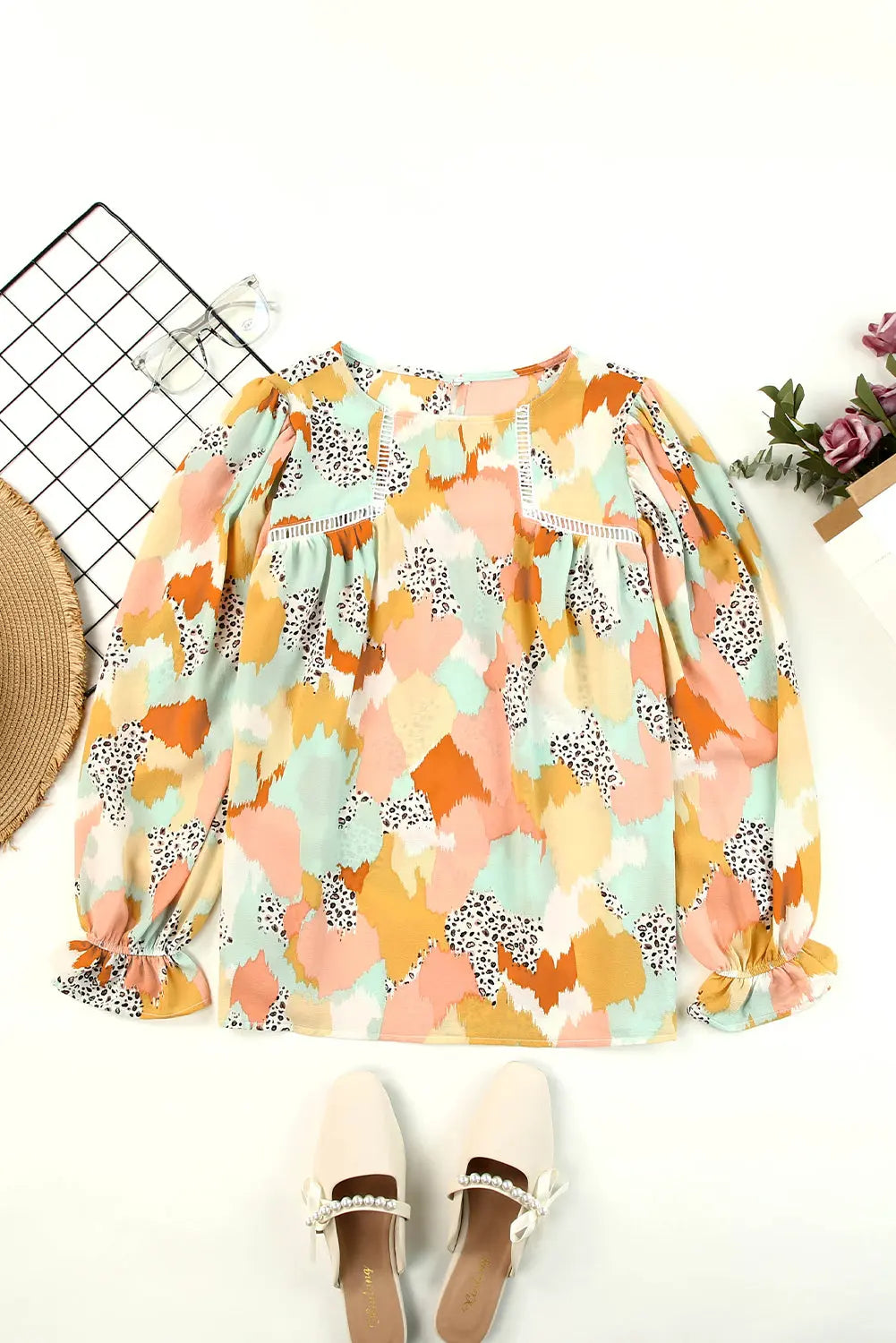 Boho Frill Multicolor Abstract Print Long Sleeve Blouse - ThingsWeUseAndLove 