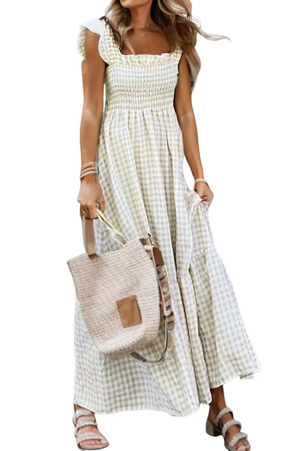 Khaki Plaid Ruffled Sleeveless Smocked Maxi Dress - ThingsWeUseAndLove 