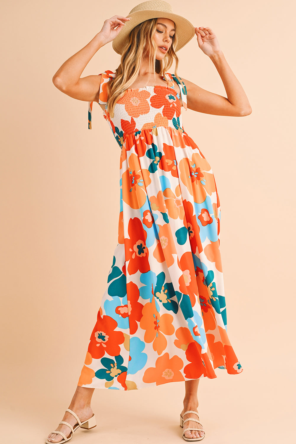 Orange 60s Floral Printed Shoulder Tie Smocked Maxi Dress - ThingsWeUseAndLove 