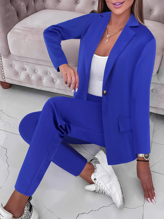 Kelli Long Sleeve Lapel Collar  Top and Pants Set - ThingsWeUseAndLove Royal-Blue-2XL