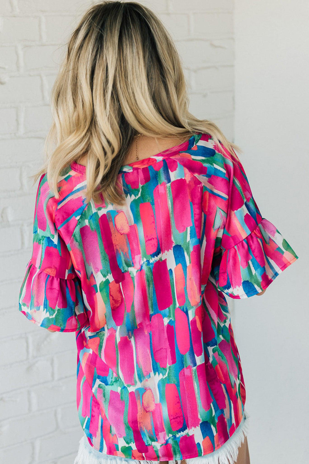 Rose Abstract Brushwork Print Buttoned V Neck Blouse - ThingsWeUseAndLove 