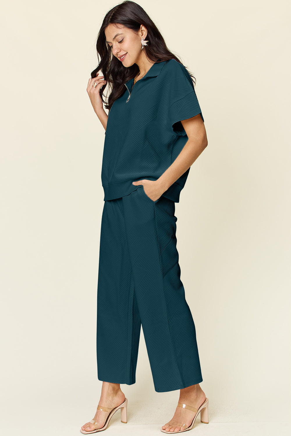 Texture Half Zip Short Sleeve Top and Pants Set - ThingsWeUseAndLove 