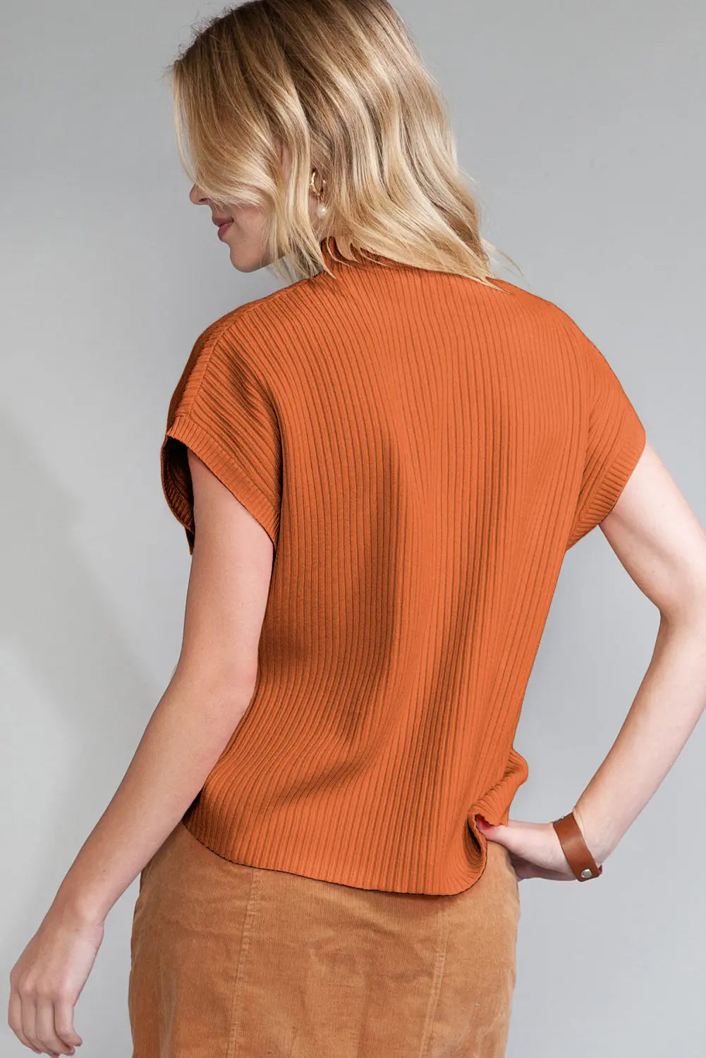 Gold Flame Patch Pocket Ribbed Knit Short Sleeve Sweater - ThingsWeUseAndLove 