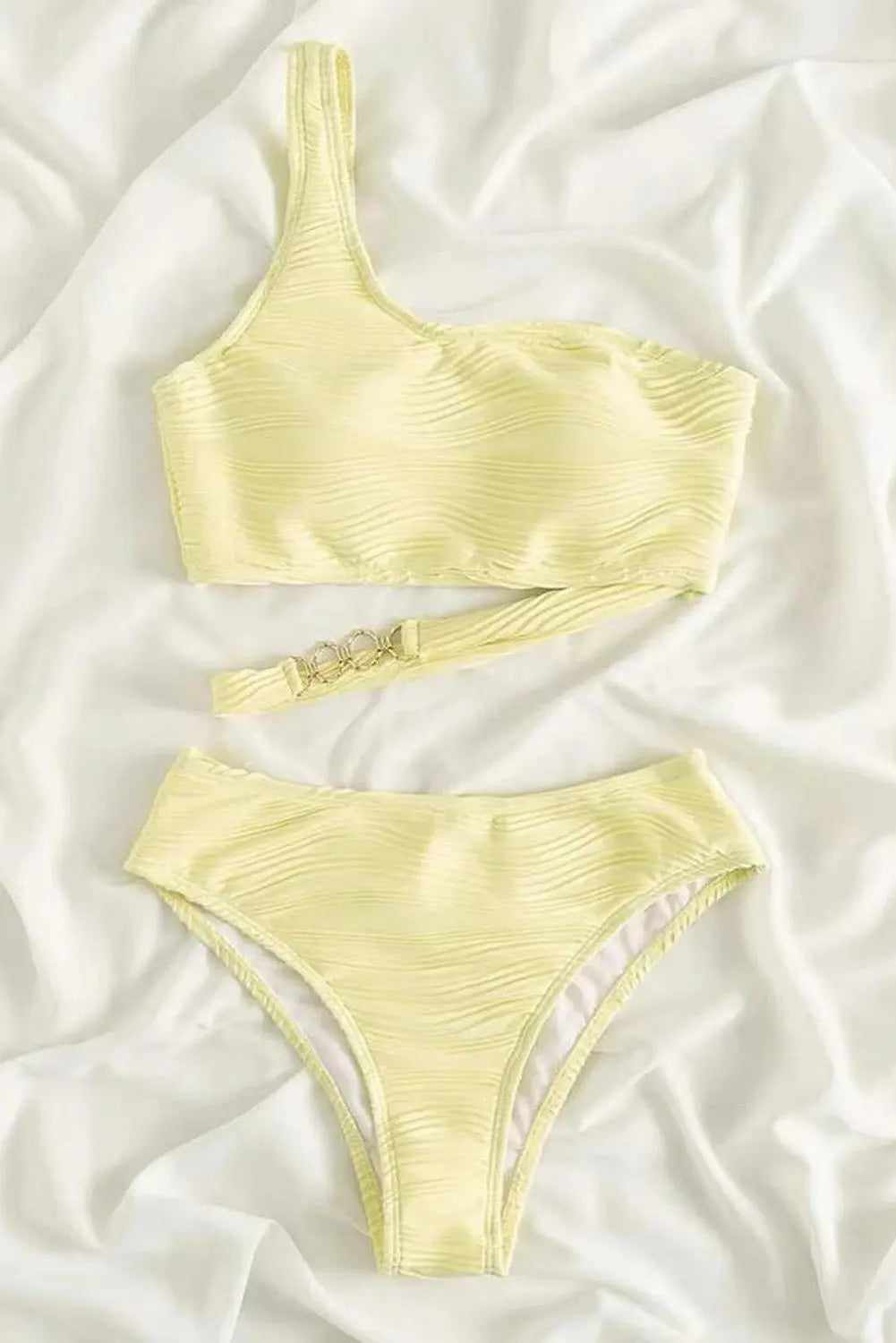 Asymmetrical Yellow Cream Wavy Textured  One Shoulder Bikini - ThingsWeUseAndLove 