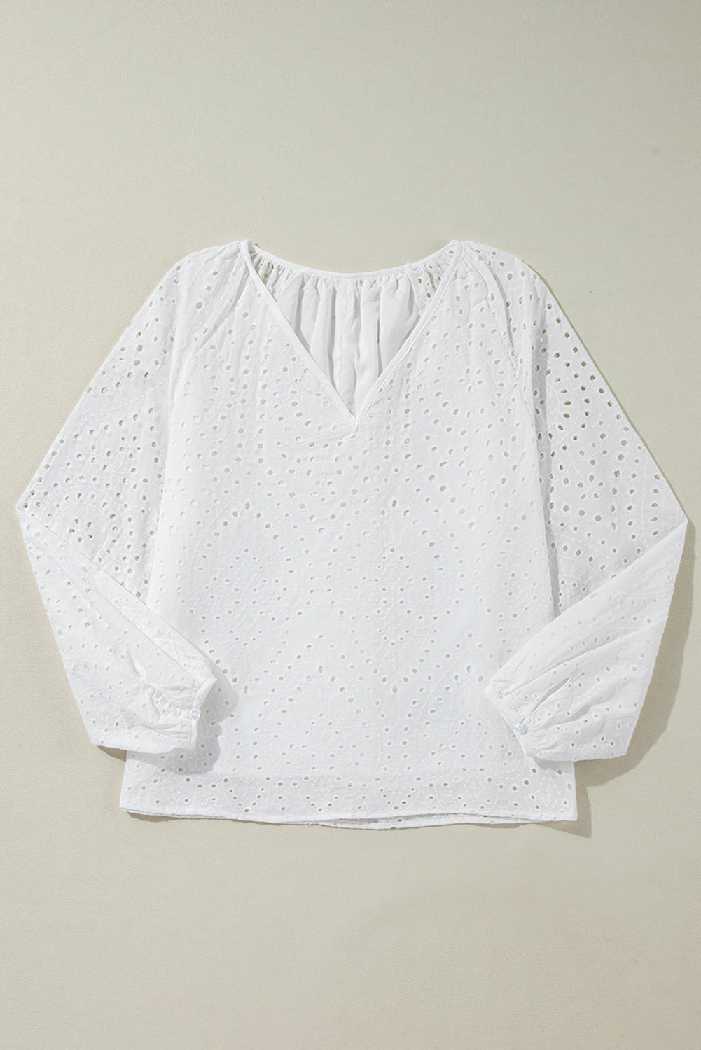 Eyelet Embroidered V Neck Puff Sleeve Blouse - ThingsWeUseAndLove 