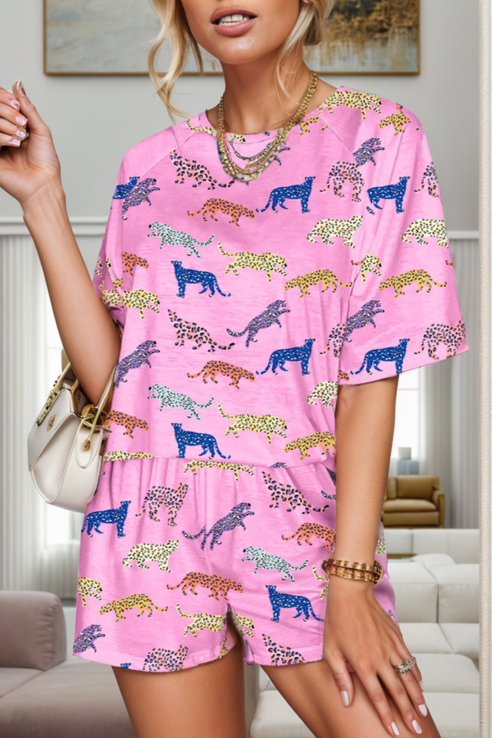 Animal Round Neck Top and Shorts Lounge Set - ThingsWeUseAndLove Pink-XL