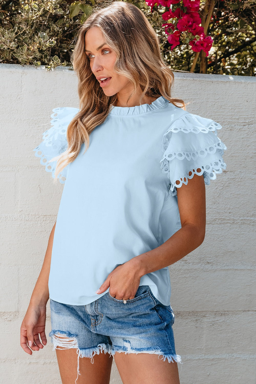 Ruffled Eyelet Round Neck Cap Sleeve Blouse - ThingsWeUseAndLove 