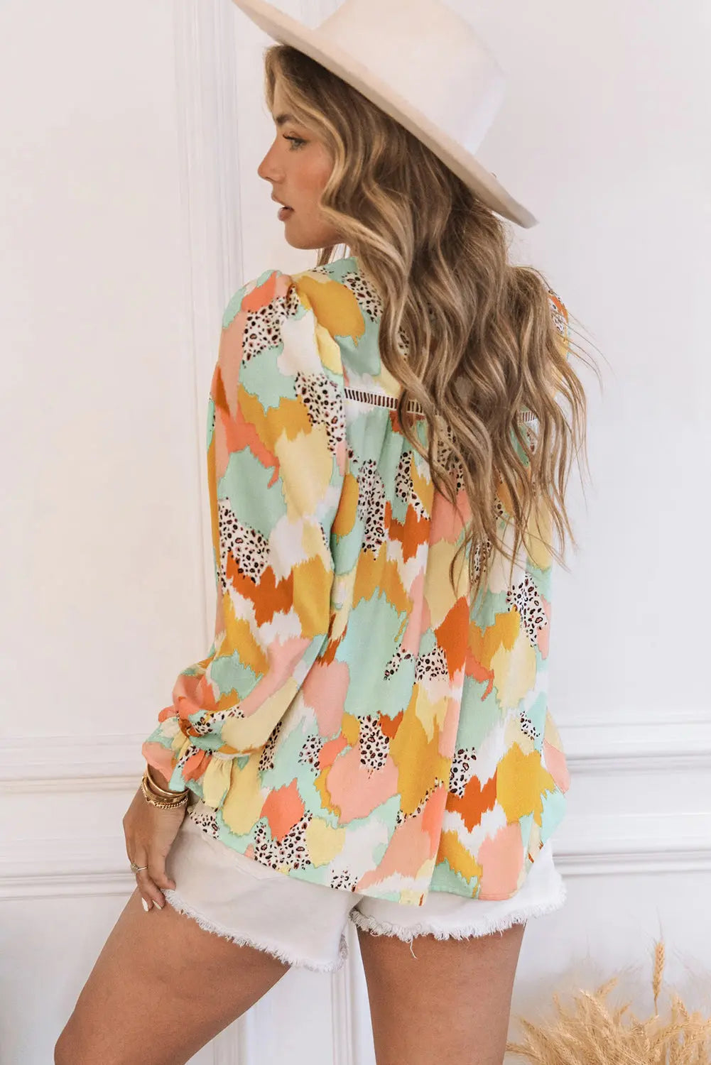 Boho Frill Multicolor Abstract Print Long Sleeve Blouse - ThingsWeUseAndLove 