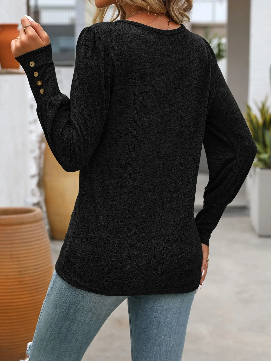 Decorative Button Round Neck Long Sleeve T-Shirt - ThingsWeUseAndLove 