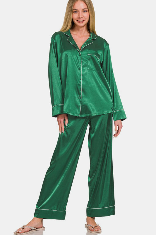 Satin Long Sleeve Shirt and Pants Pajama Set - ThingsWeUseAndLove Hunter-Green-XL