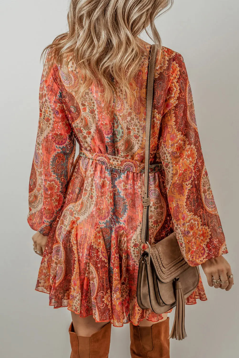 Orange Boho Paisley Print Long Sleeve Pleated Belted Mini Dress - ThingsWeUseAndLove 