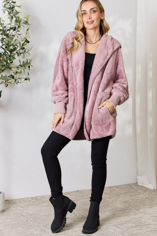 Faux Fur Open Front Hooded Jacket - ThingsWeUseAndLove