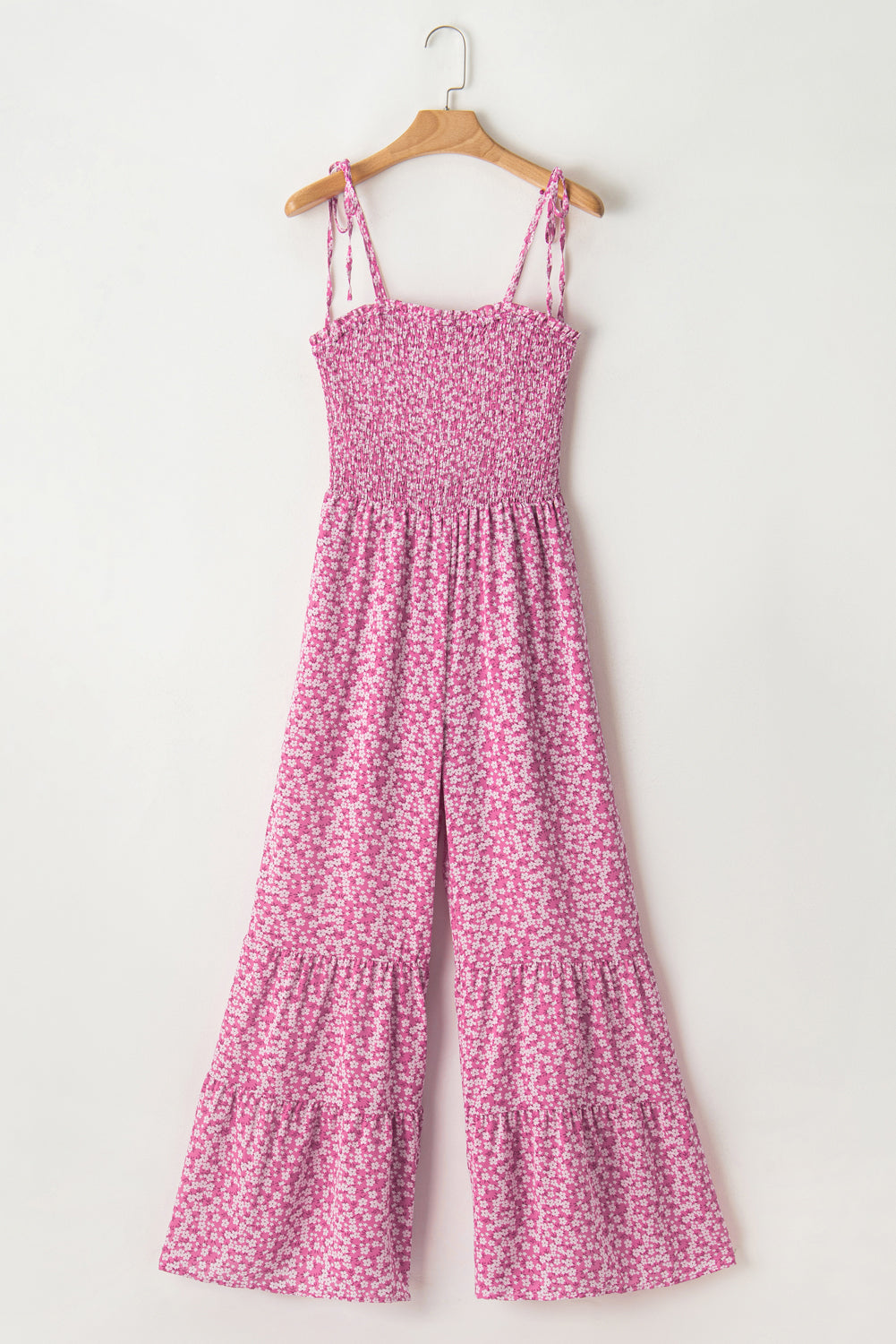 Floral Thin Straps Smocked Bodice Wide Leg Jumpsuit - ThingsWeUseAndLove 