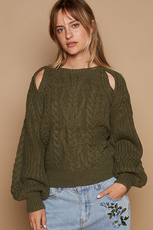 Cable Knit Cutout Long Sleeve Sweater - ThingsWeUseAndLove 