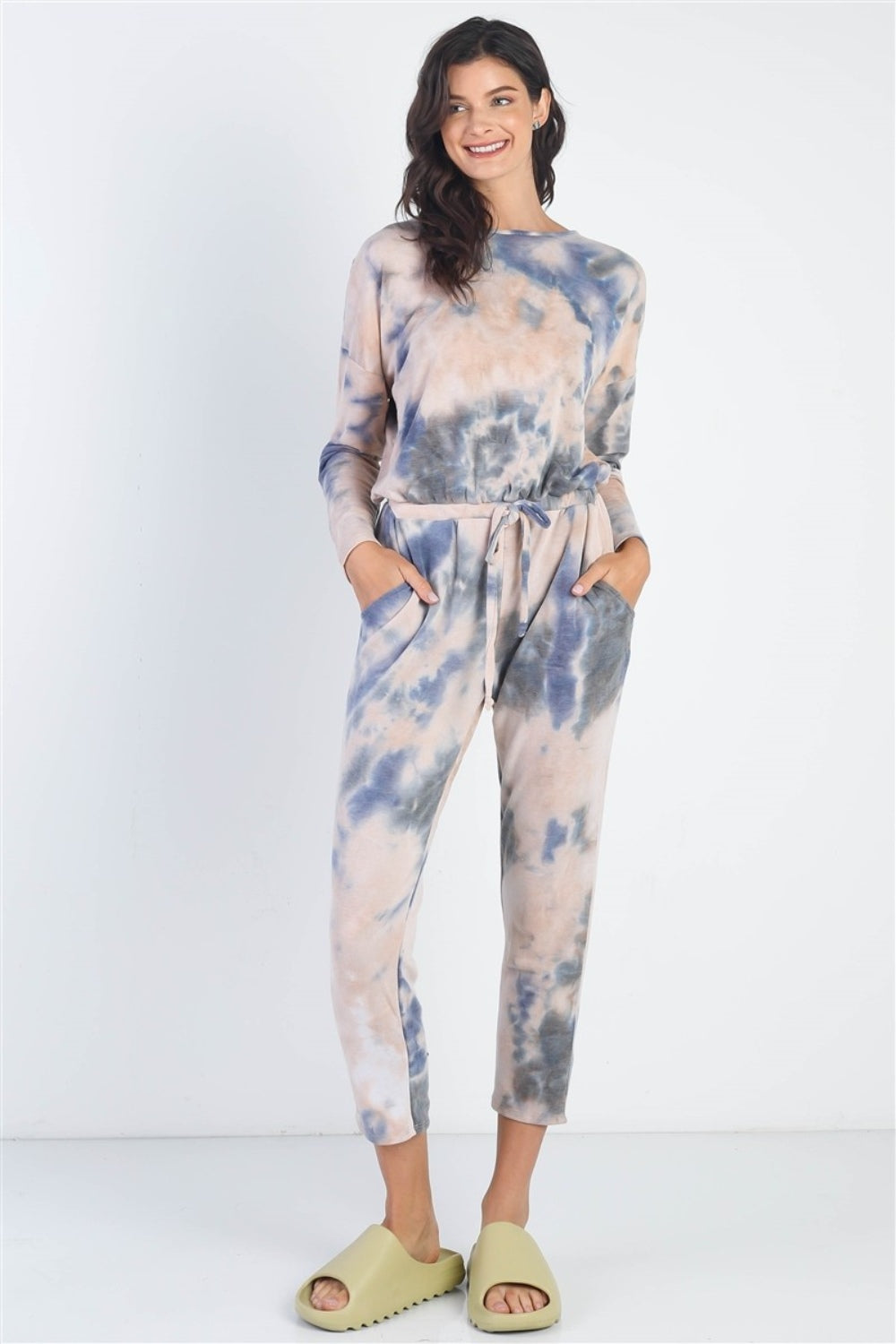 Tie-Dye Round Neck Long Sleeve Jumpsuit - ThingsWeUseAndLove Navy-L