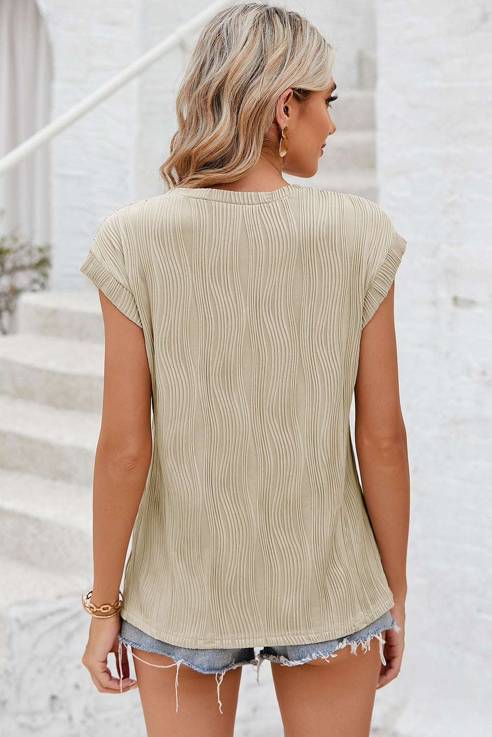 Wavy Textured Cap Sleeve Top - ThingsWeUseAndLove 