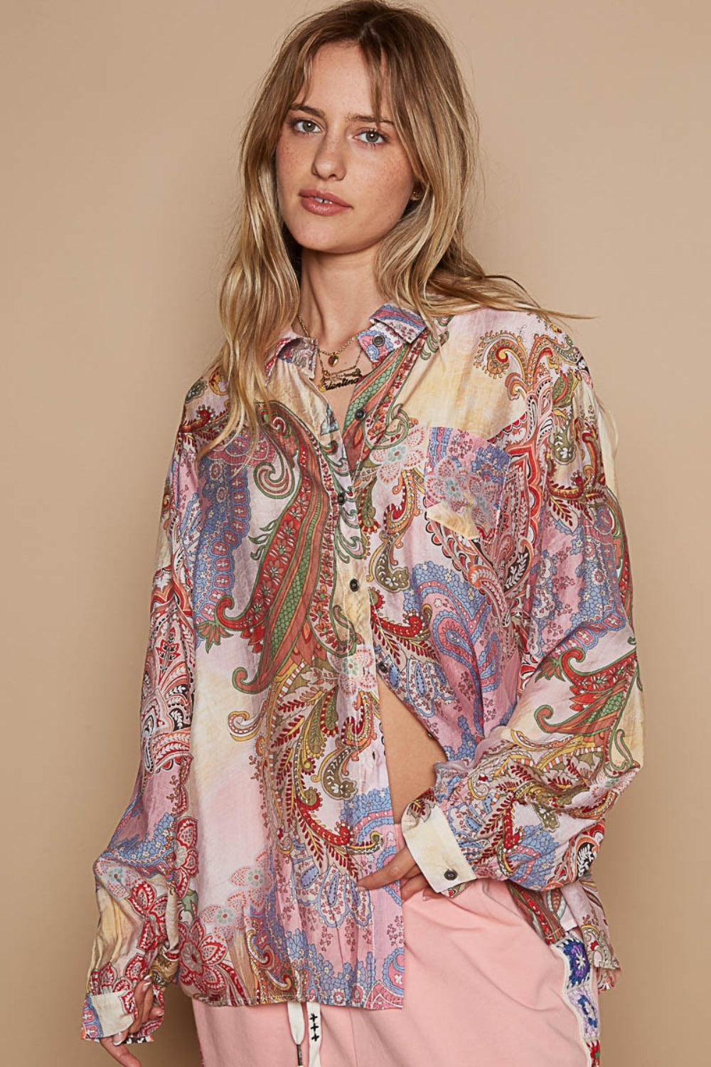 POL Button-Down Long Sleeve Paisley Print Shirt - ThingsWeUseAndLove Rose-Paisley-Multi-L