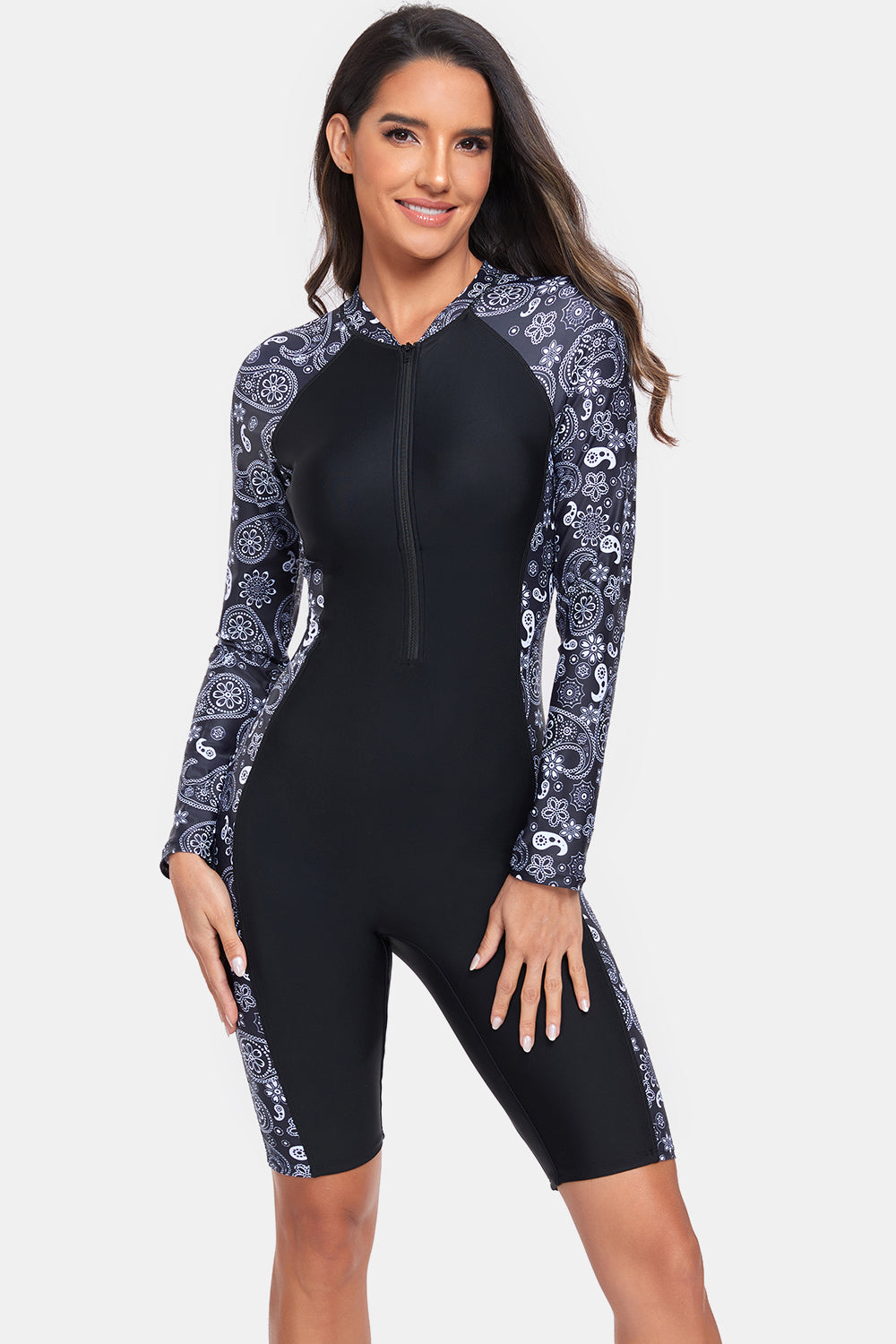 Printed Half Zip Long Sleeve One-Piece Swimwear - ThingsWeUseAndLove 