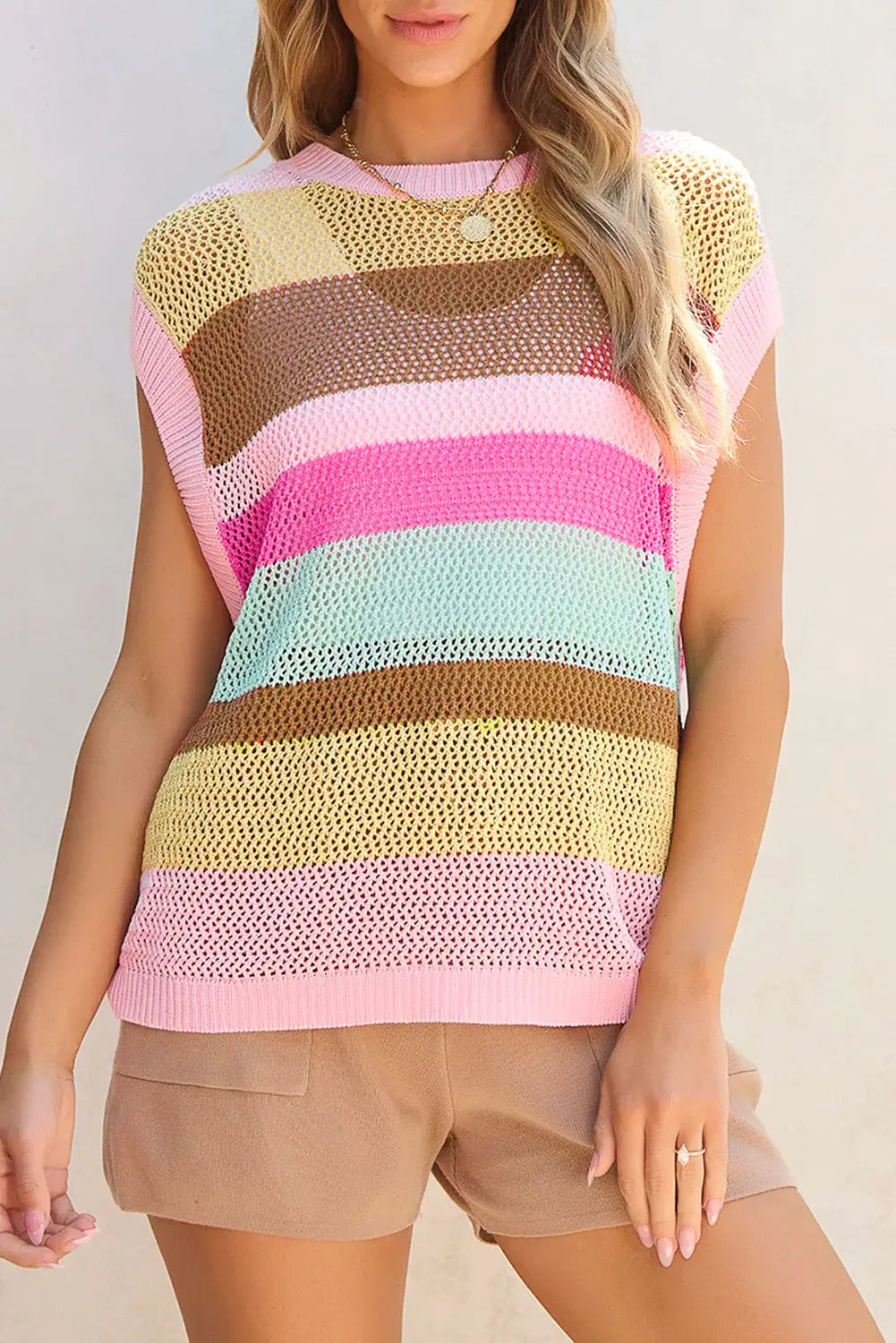 Round Neck Cap Sleeve Color Block Knit Top - ThingsWeUseAndLove 