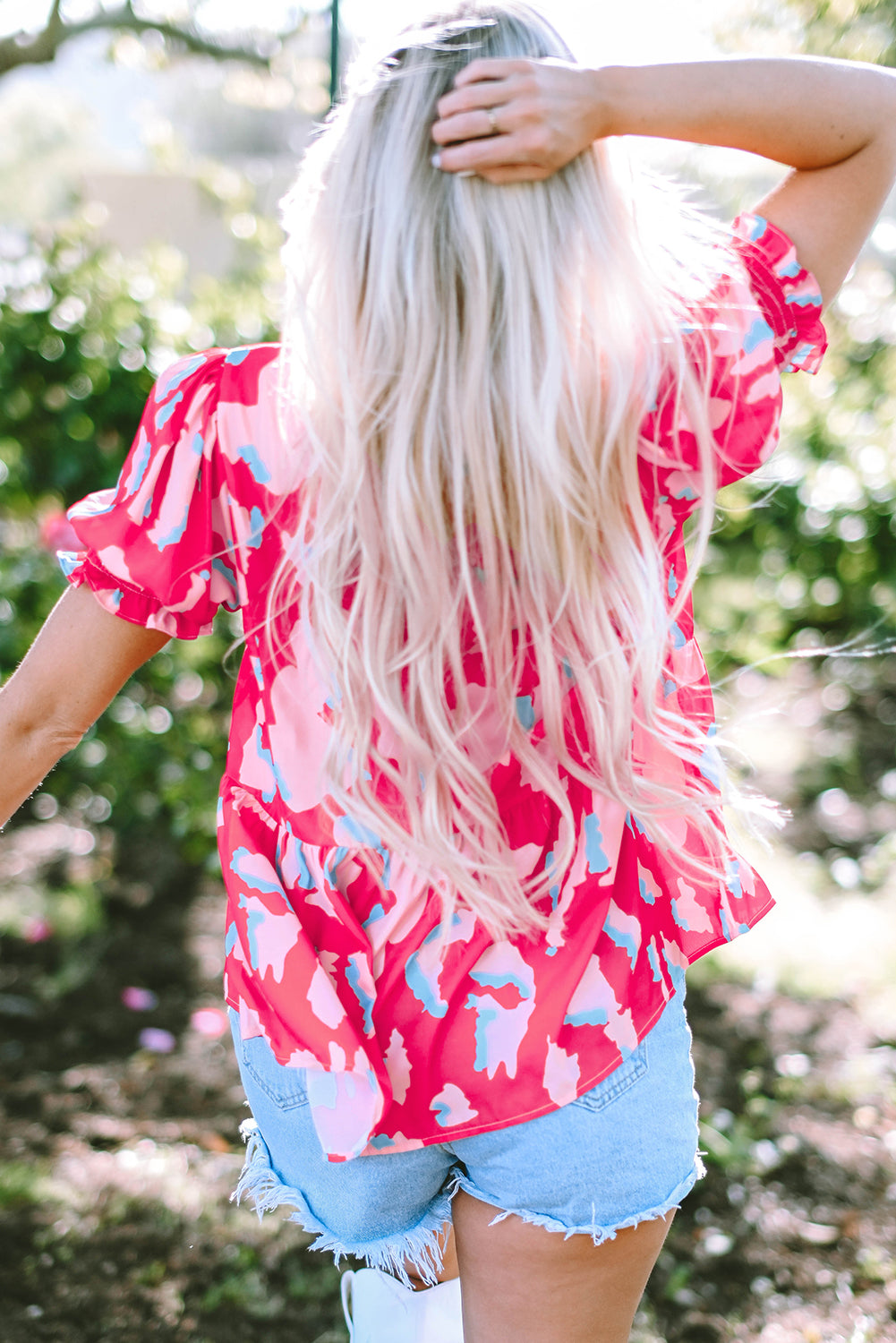 Rose Abstract Print Smocked Puff Sleeve V Neck Blouse - ThingsWeUseAndLove 