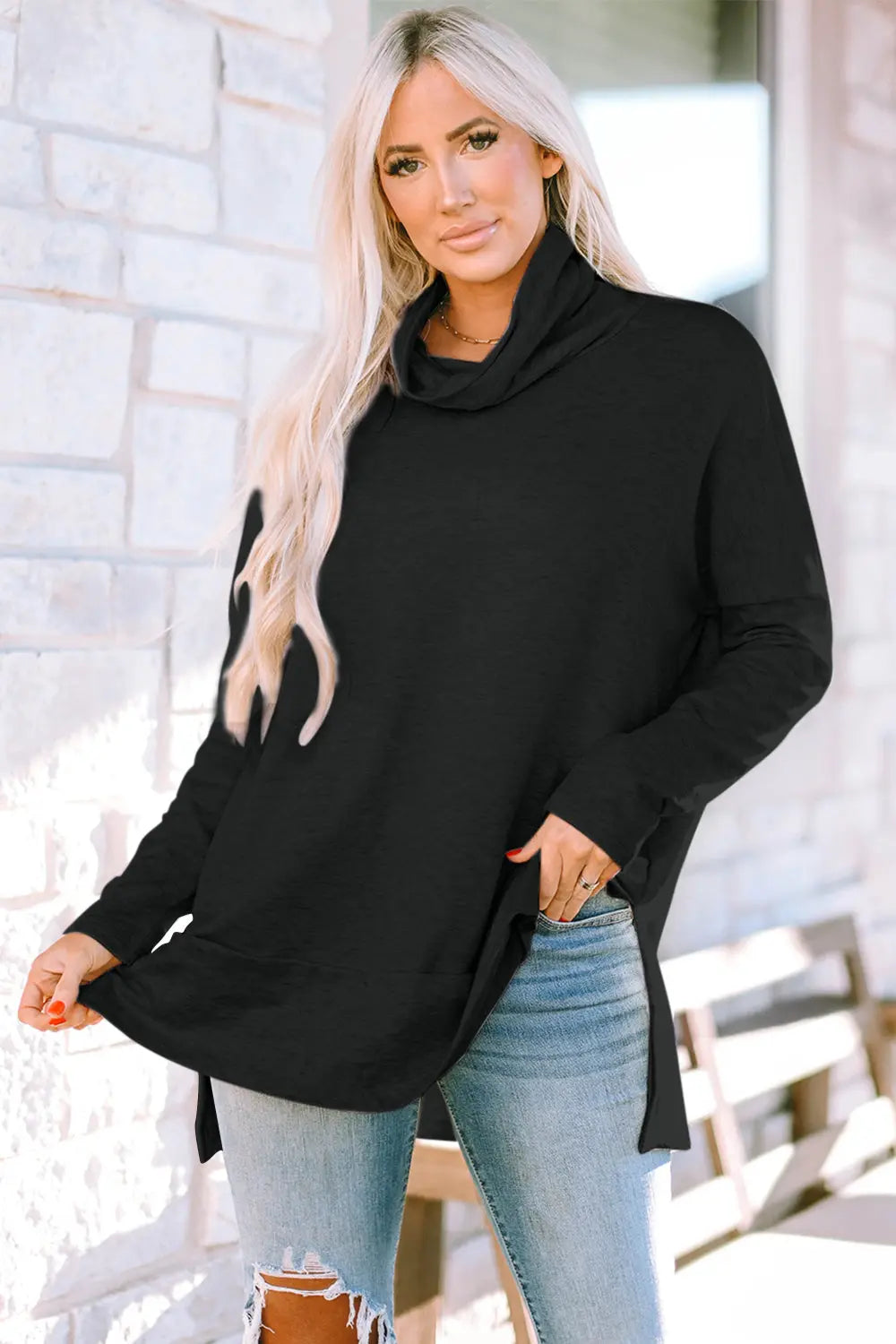 Cowl Neck Long Sleeve Slit Blouse - ThingsWeUseAndLove Black-XL