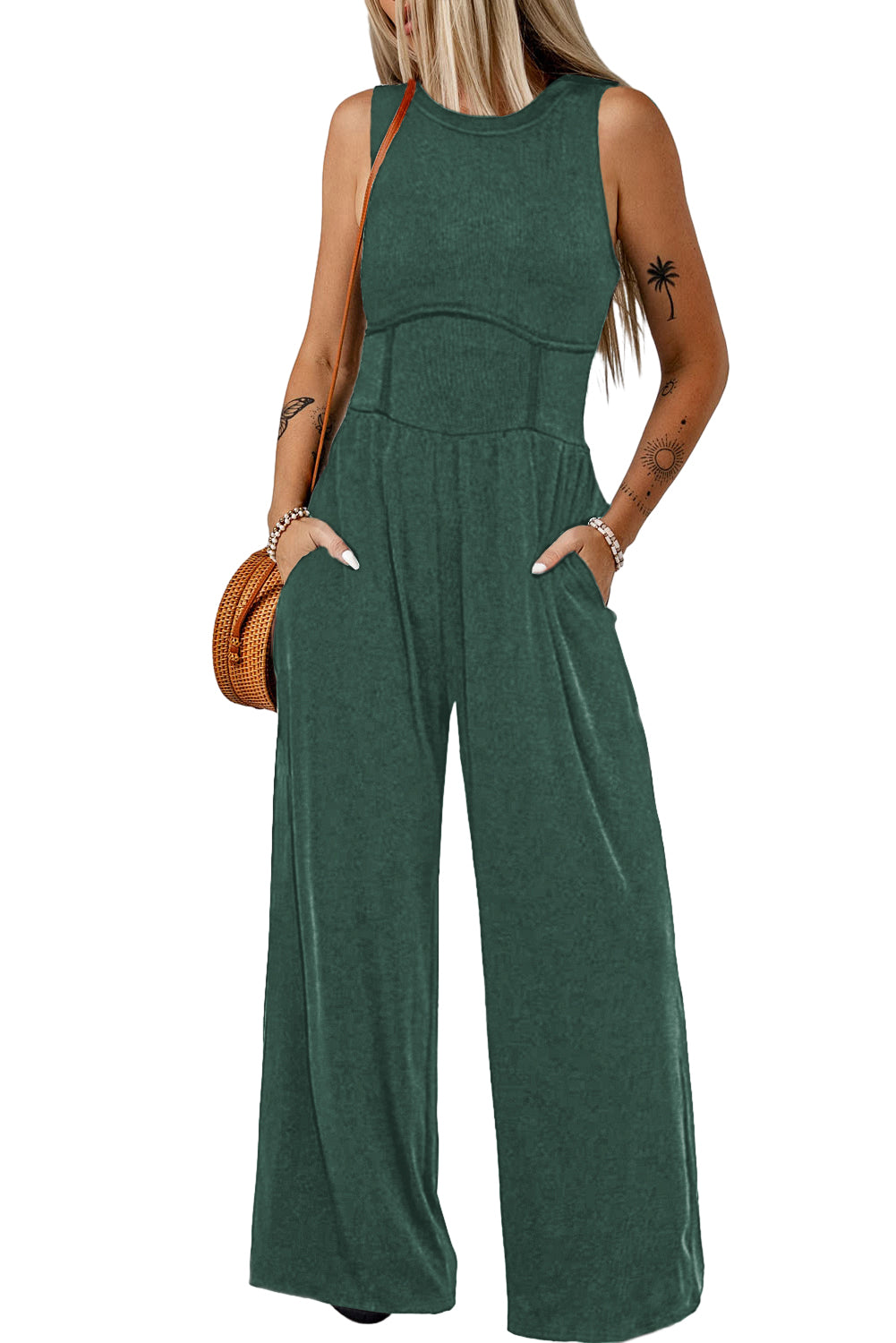 Blackish Green Sleeveless High Waist Wide Leg Jumpsuit - ThingsWeUseAndLove 