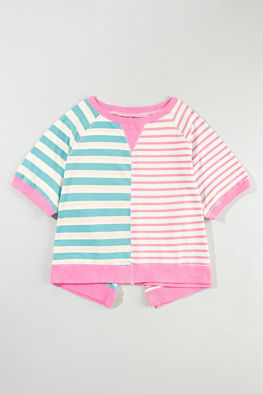 Pink Stripe Contrast Patchwork Oversized T Shirt - ThingsWeUseAndLove 