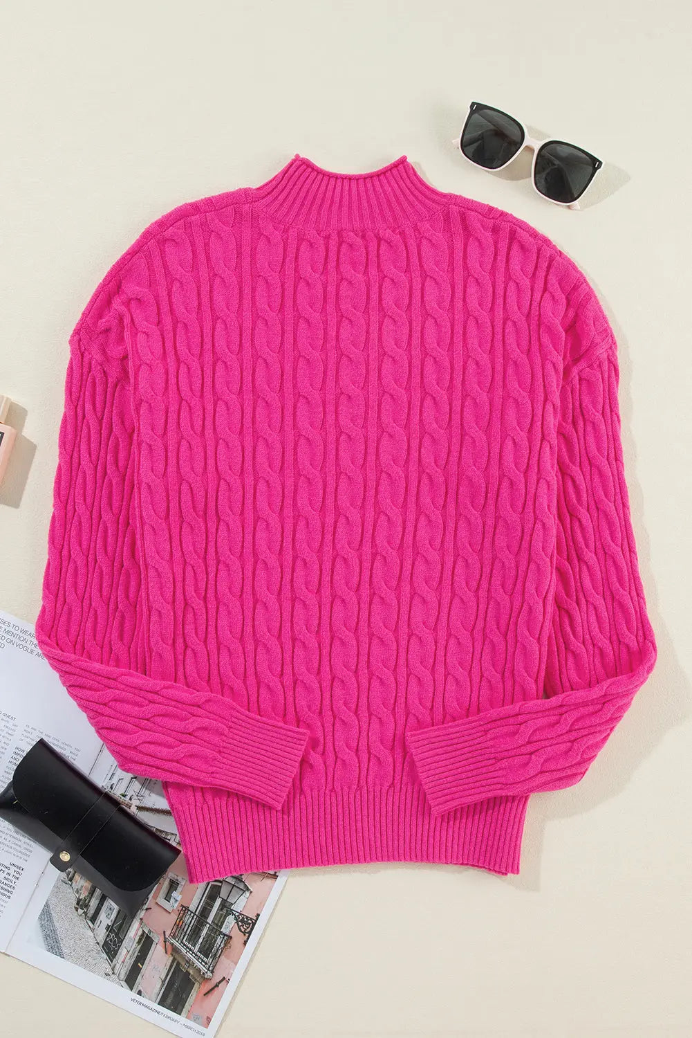 Regina Cable-Knit Mock Neck Long Sleeve Sweater - ThingsWeUseAndLove 