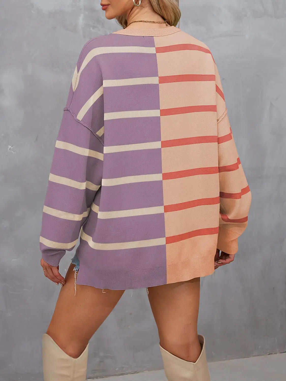 Long Sleeve Striped Round Neck Sweater - ThingsWeUseAndLove Dusty-Pink-2XL