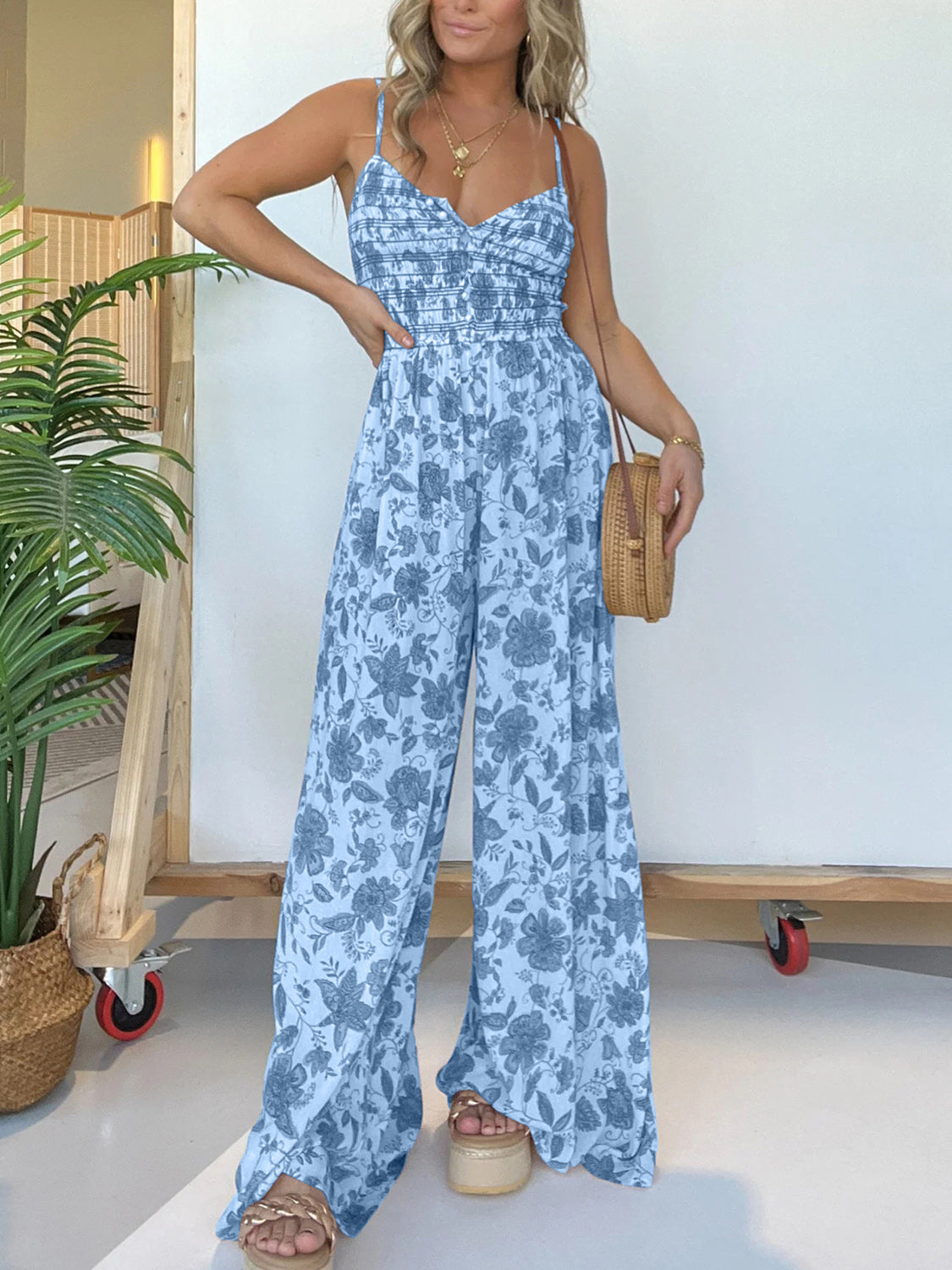 Printed Spaghetti Strap Wide Leg Jumpsuit - ThingsWeUseAndLove Blue-3XL