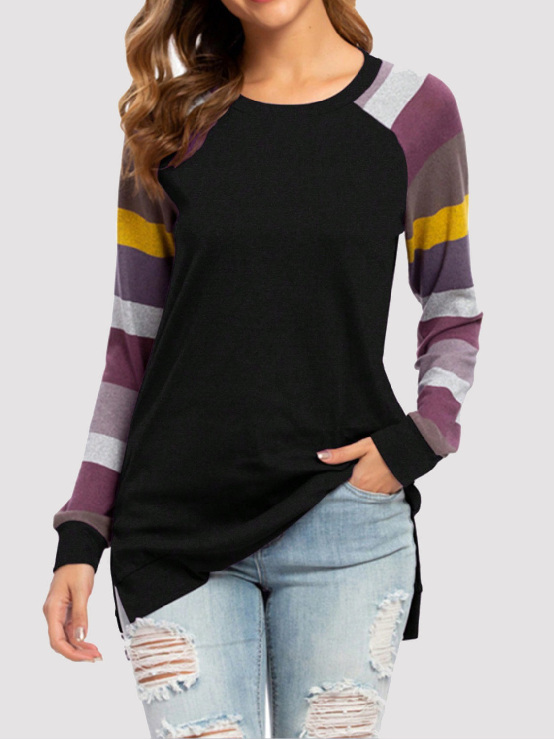 Doria Color Block Round Neck Long Sleeve T-Shirt - ThingsWeUseAndLove Black-XL