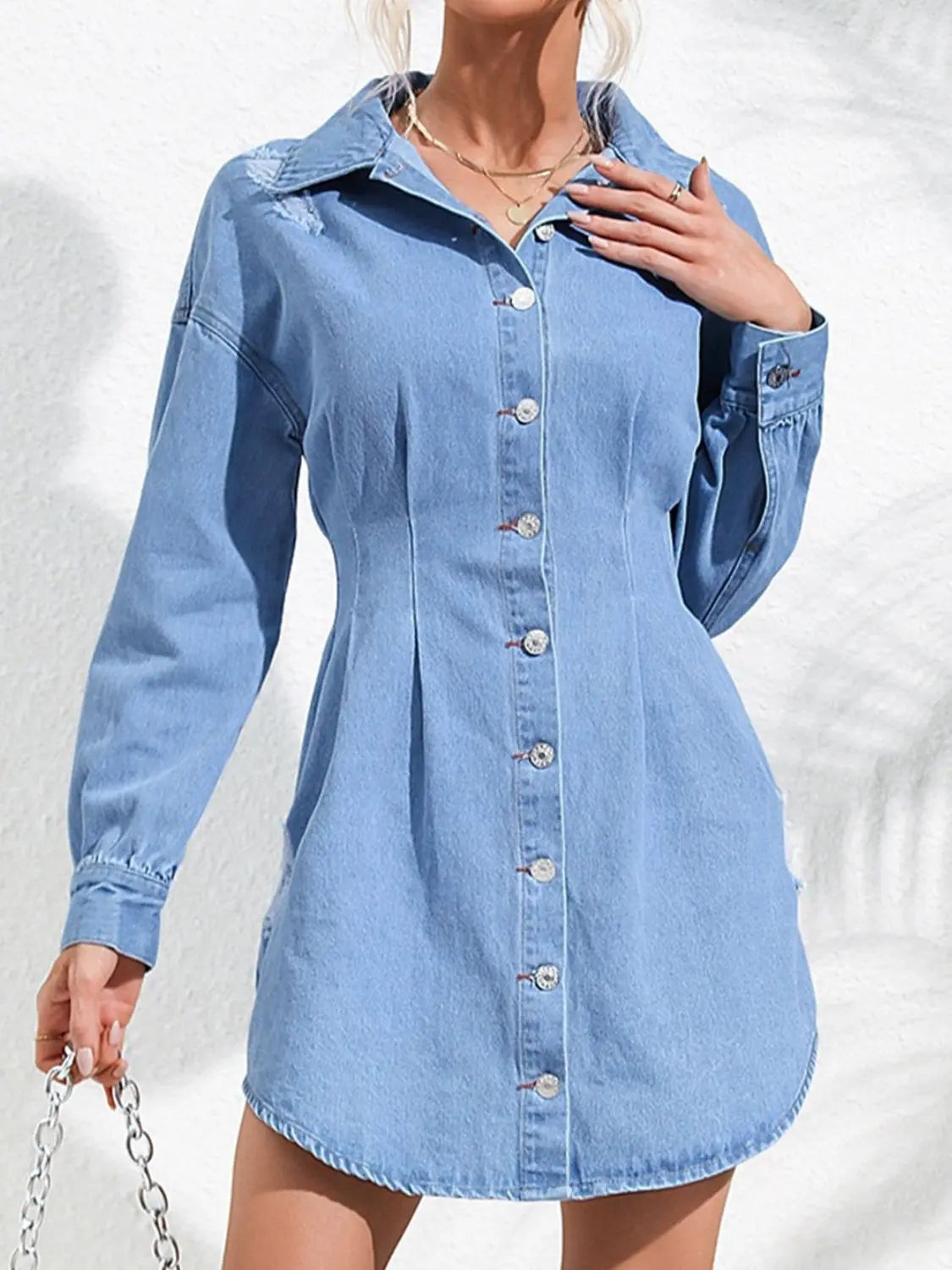 Danna Distressed Button Up Long Sleeve Denim Dress - ThingsWeUseAndLove 