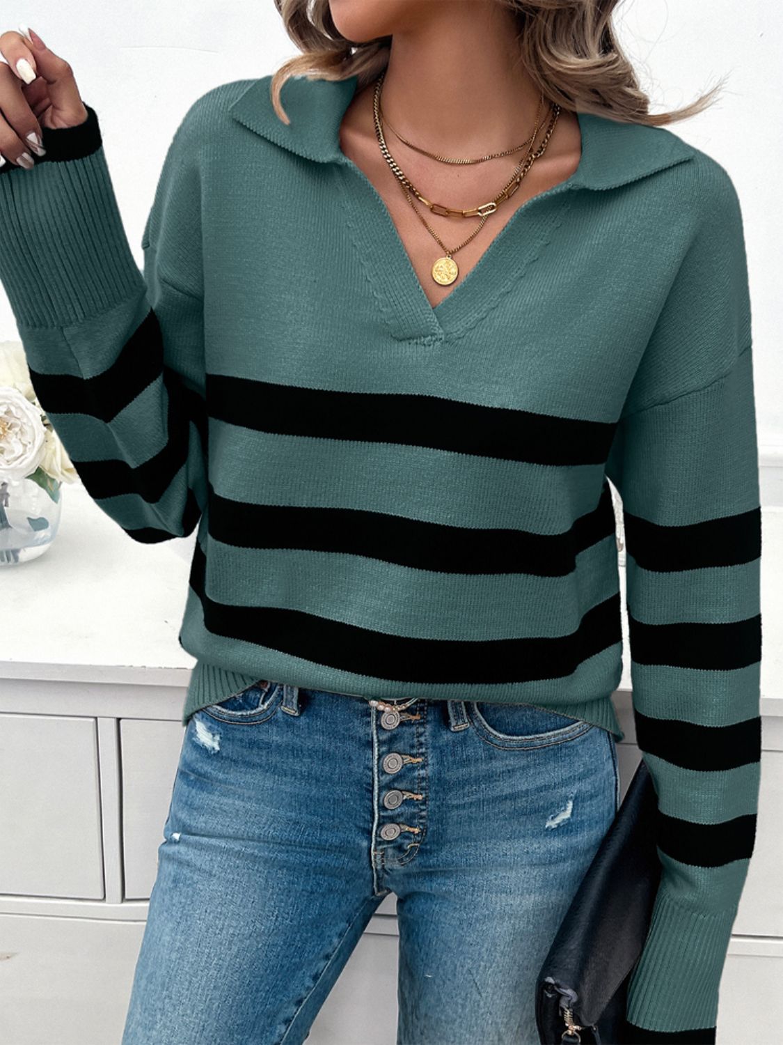 Paityn Collared Neck Long Sleeve Striped Sweater - ThingsWeUseAndLove 