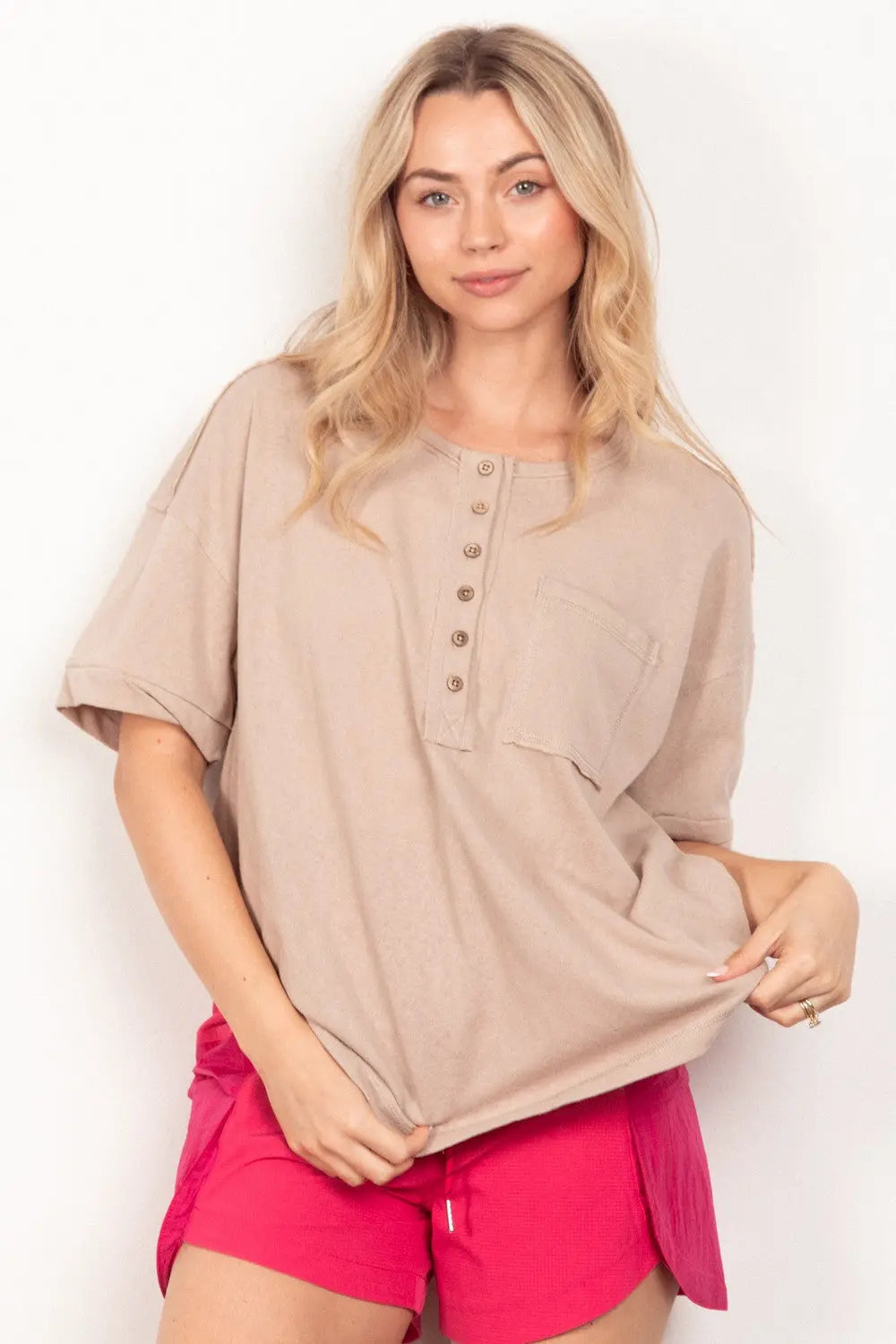 Bell Twisted Sleeve Band Half Button Top - ThingsWeUseAndLove Taupe-L