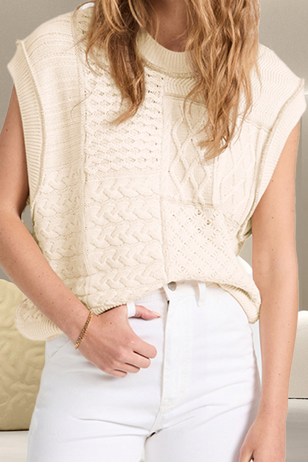 Cross-Over Cable-Knit Round Neck Sweater Vest - ThingsWeUseAndLove Ivory-XL